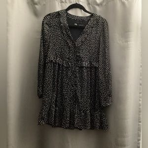 Zara black and white polka dot long sleeve midi dress size small